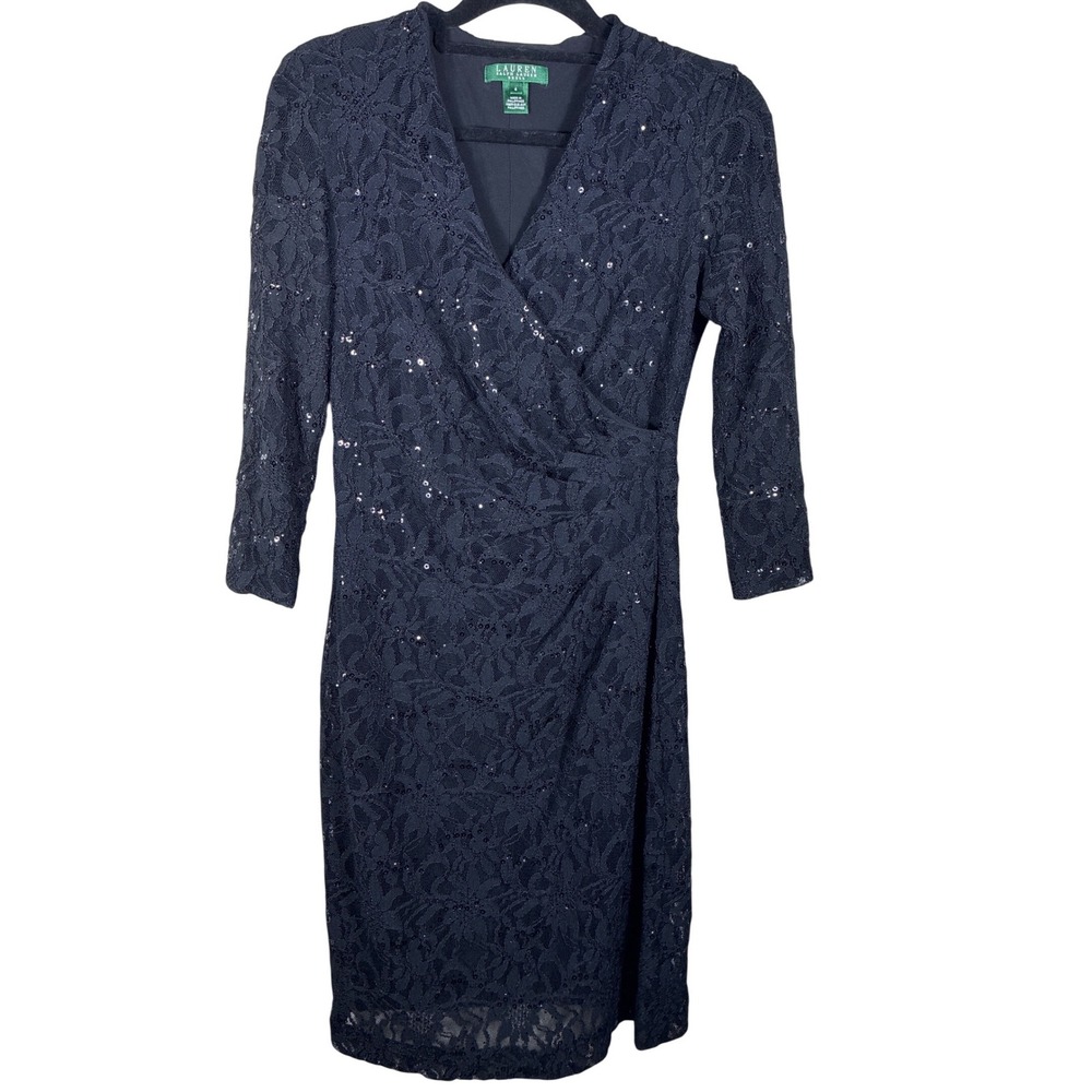Lauren Ralph Lauren Sequin Lace Sheath Dress Women Size 4 Black 3/4 Sleeve Chic